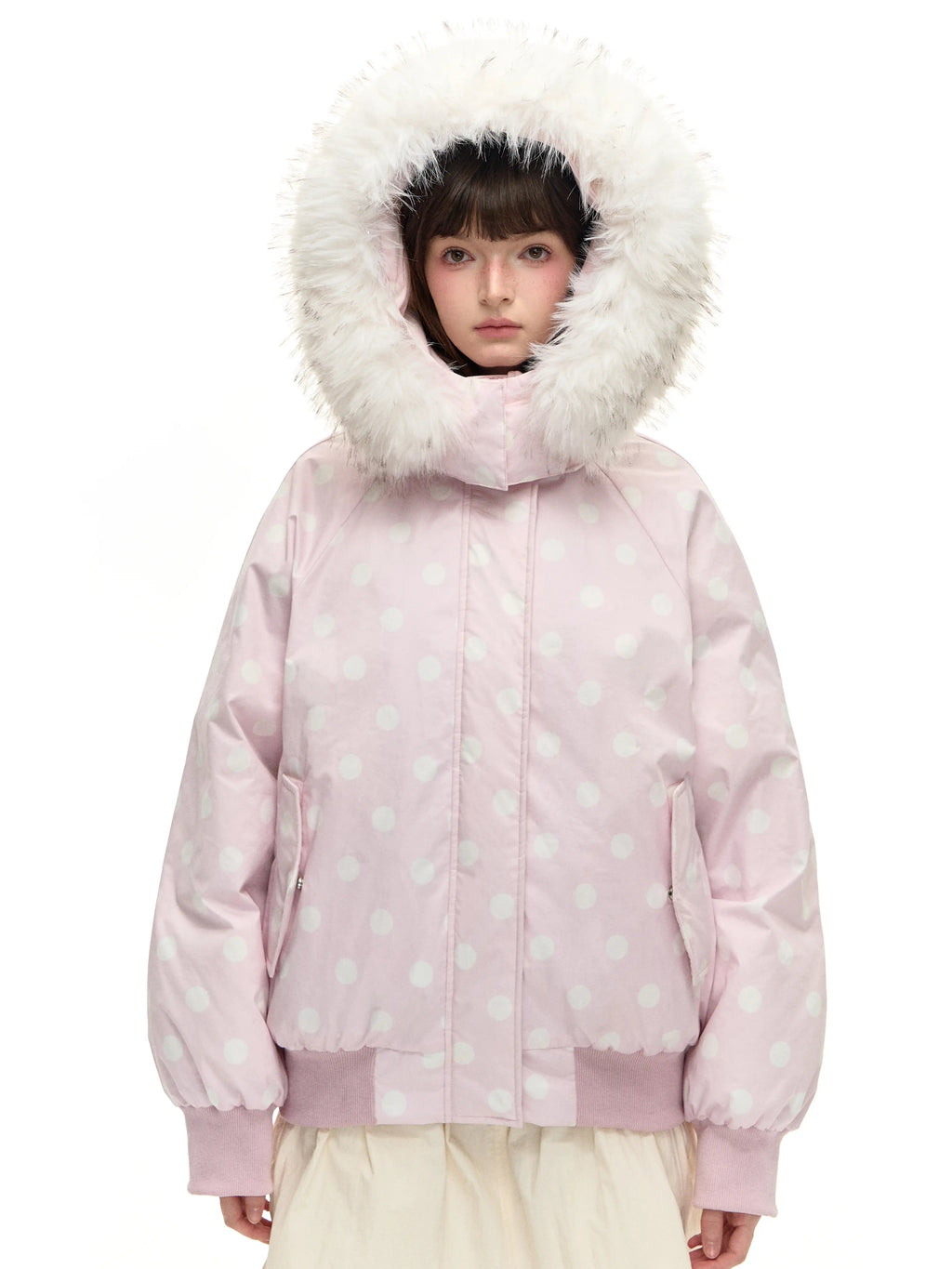 Polka Dot Down Jacket with Fur Collar