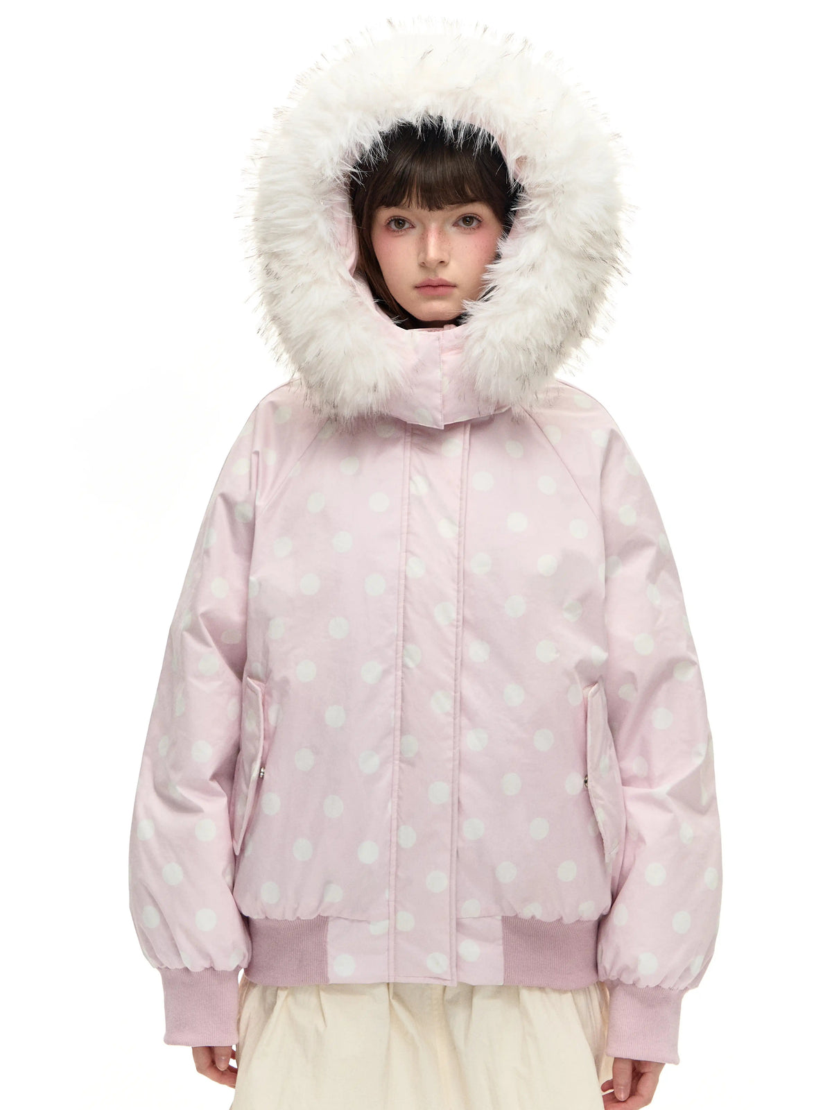Polka Dot Down Jacket with Fur Collar