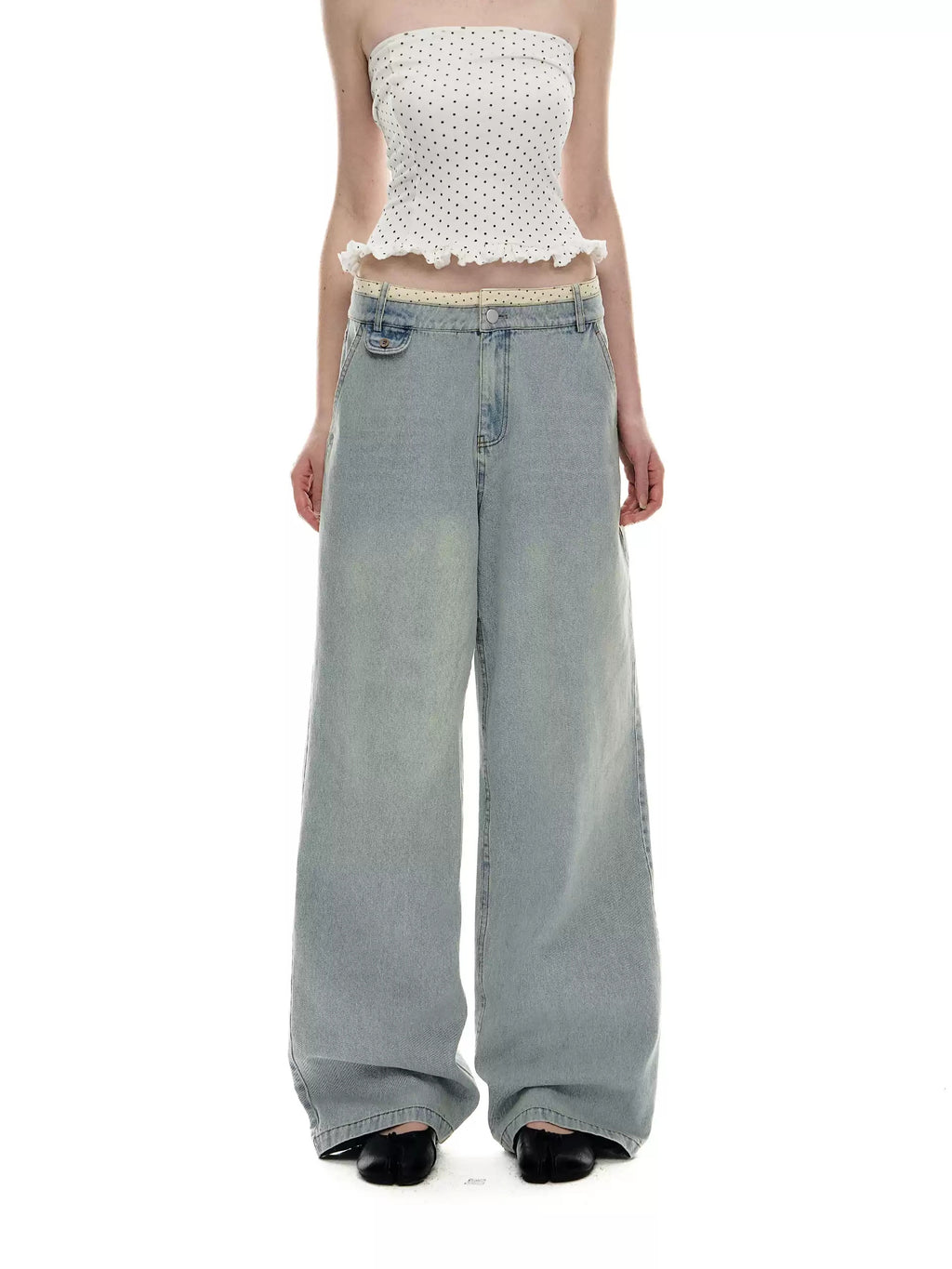 Contrast Waistband Low Rise Wide Leg Jeans