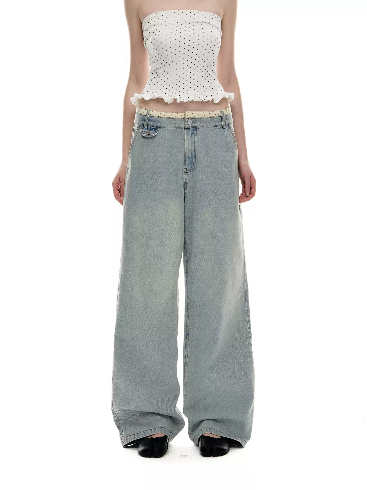 Contrast Waistband Low Rise Wide Leg Jeans