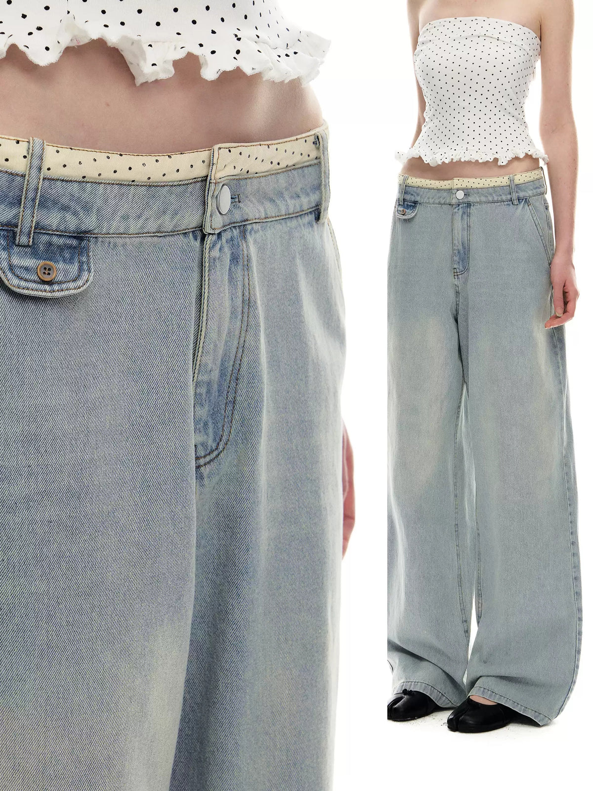 Contrast Waistband Low Rise Wide Leg Jeans
