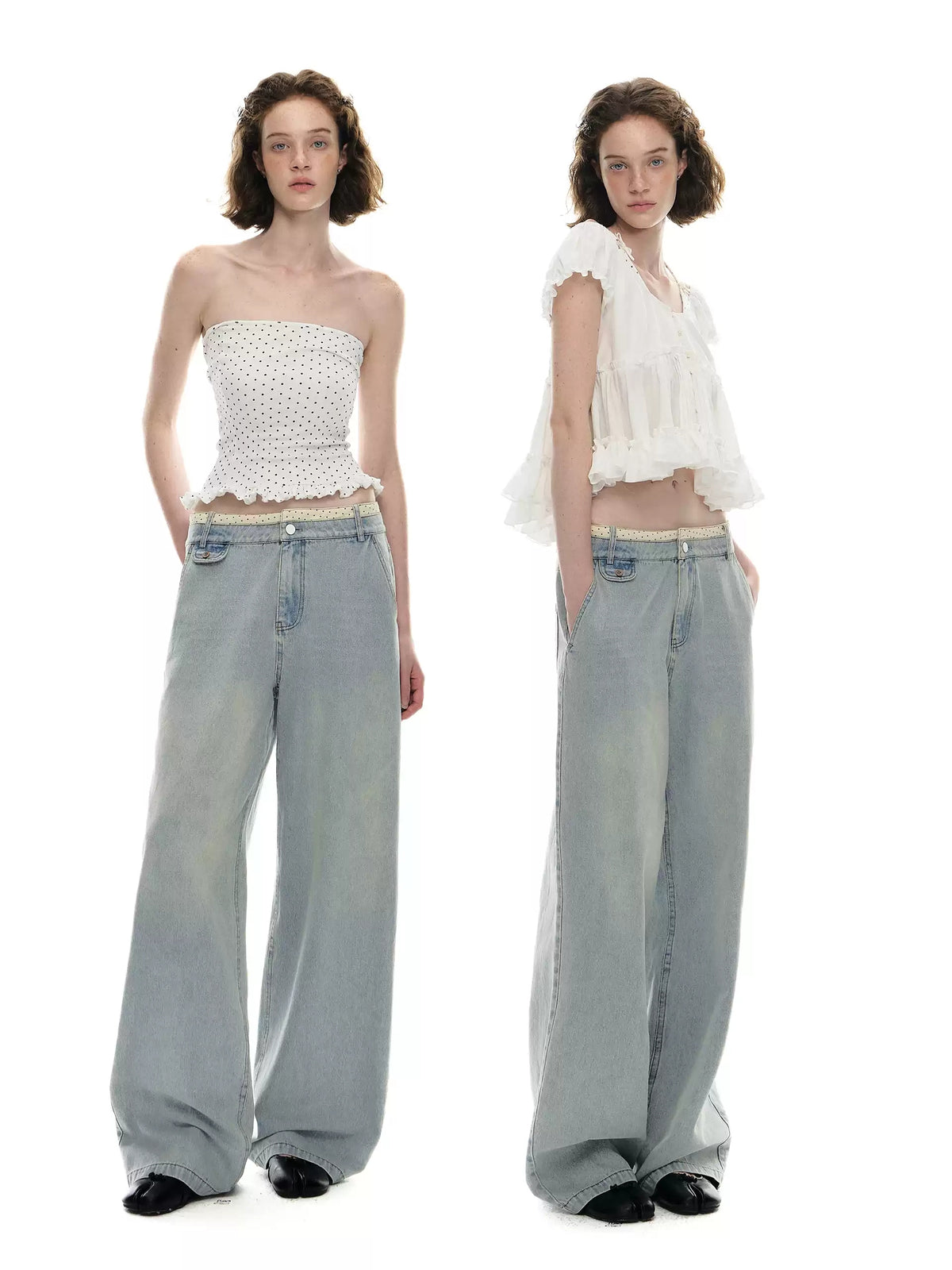 Contrast Waistband Low Rise Wide Leg Jeans