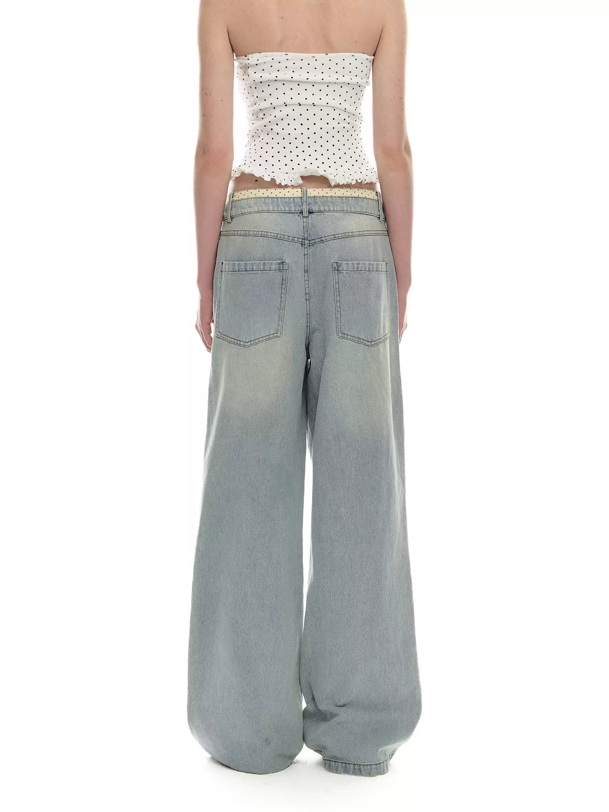 Contrast Waistband Low Rise Wide Leg Jeans