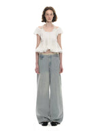 Contrast Waistband Low Rise Wide Leg Jeans
