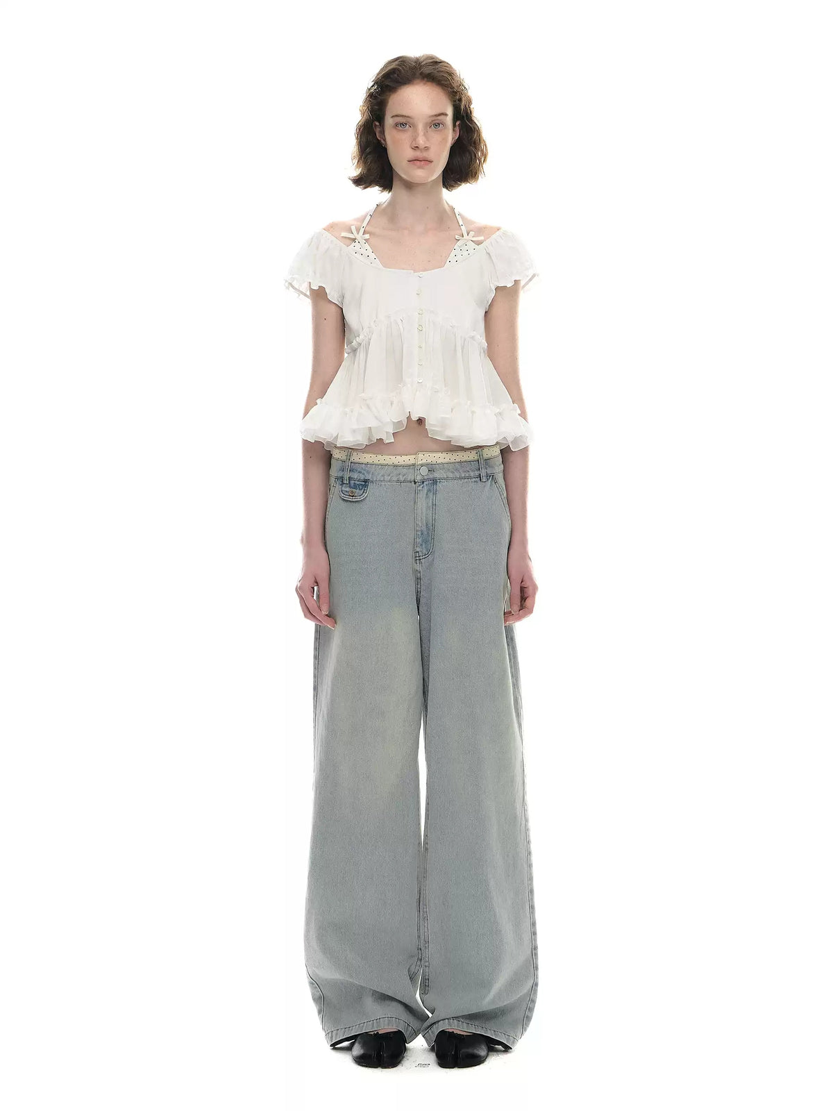 Contrast Waistband Low Rise Wide Leg Jeans