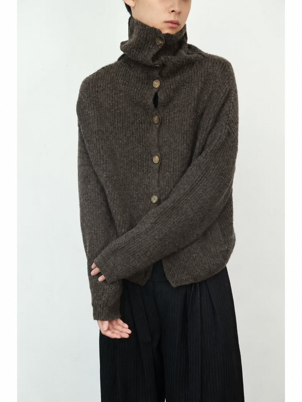 High Neck Button Front Wool Blend Cardigan