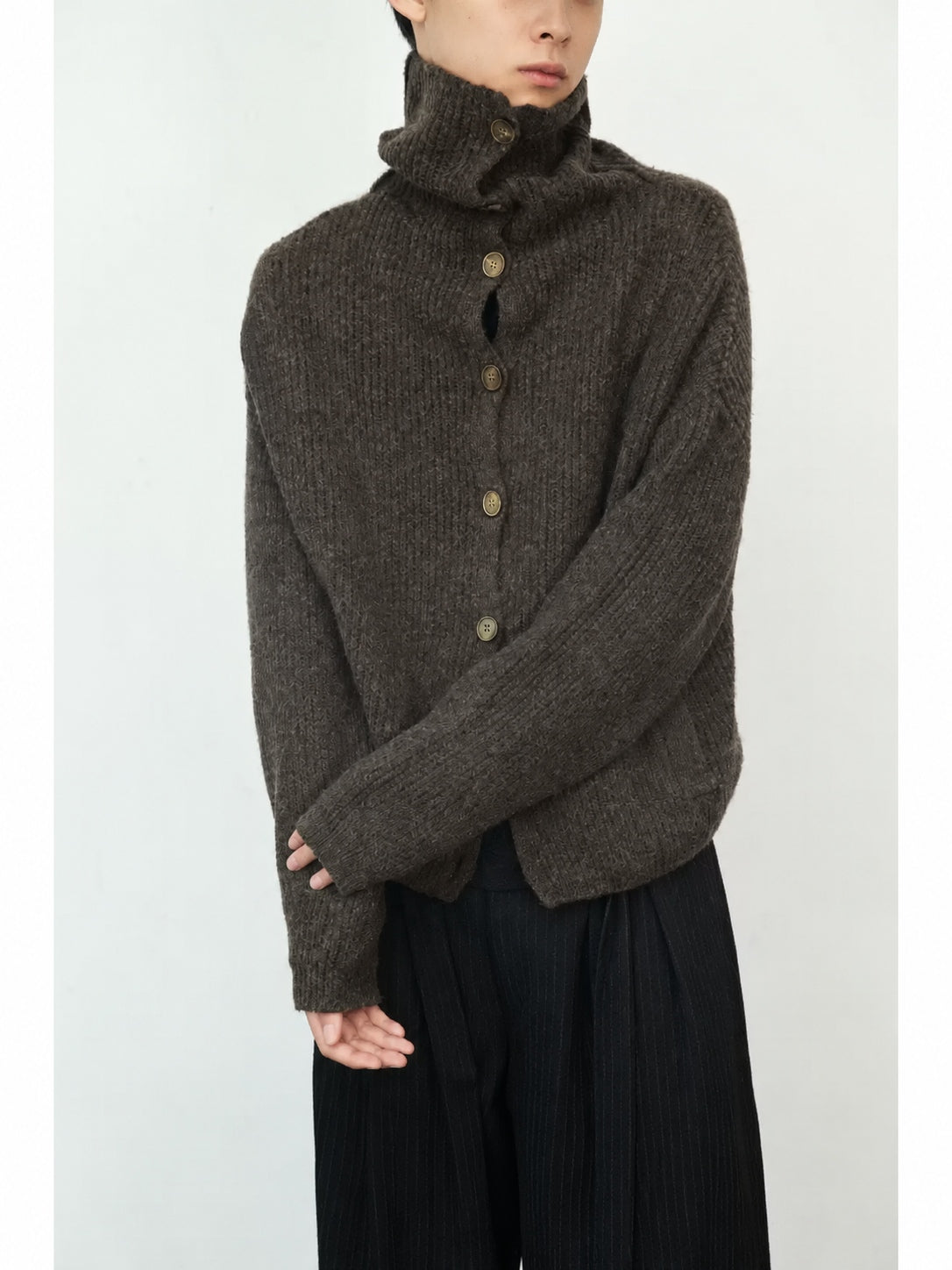 High Neck Button Front Wool Blend Cardigan