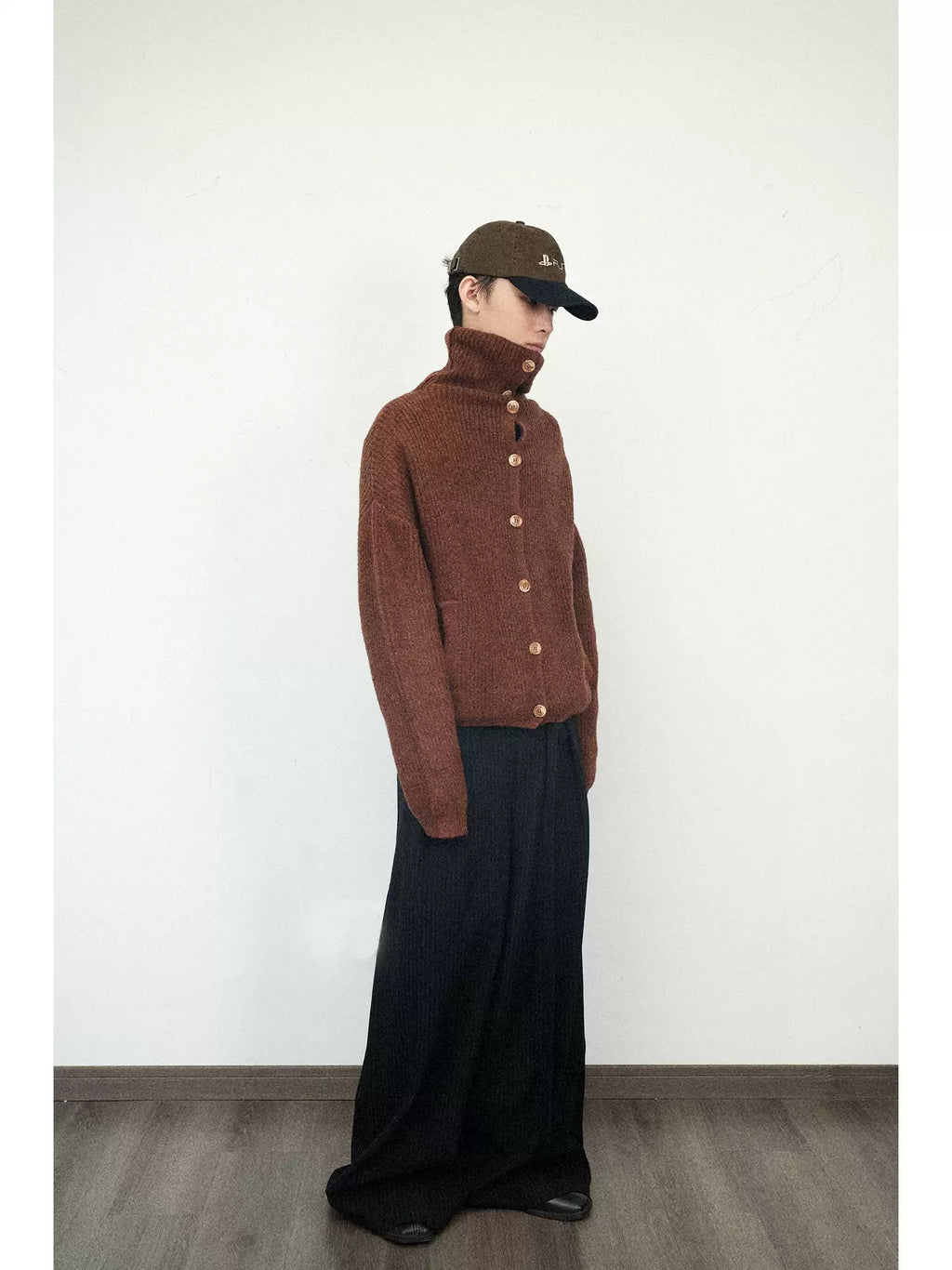 High Neck Button Front Wool Blend Cardigan