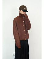 High Neck Button Front Wool Blend Cardigan