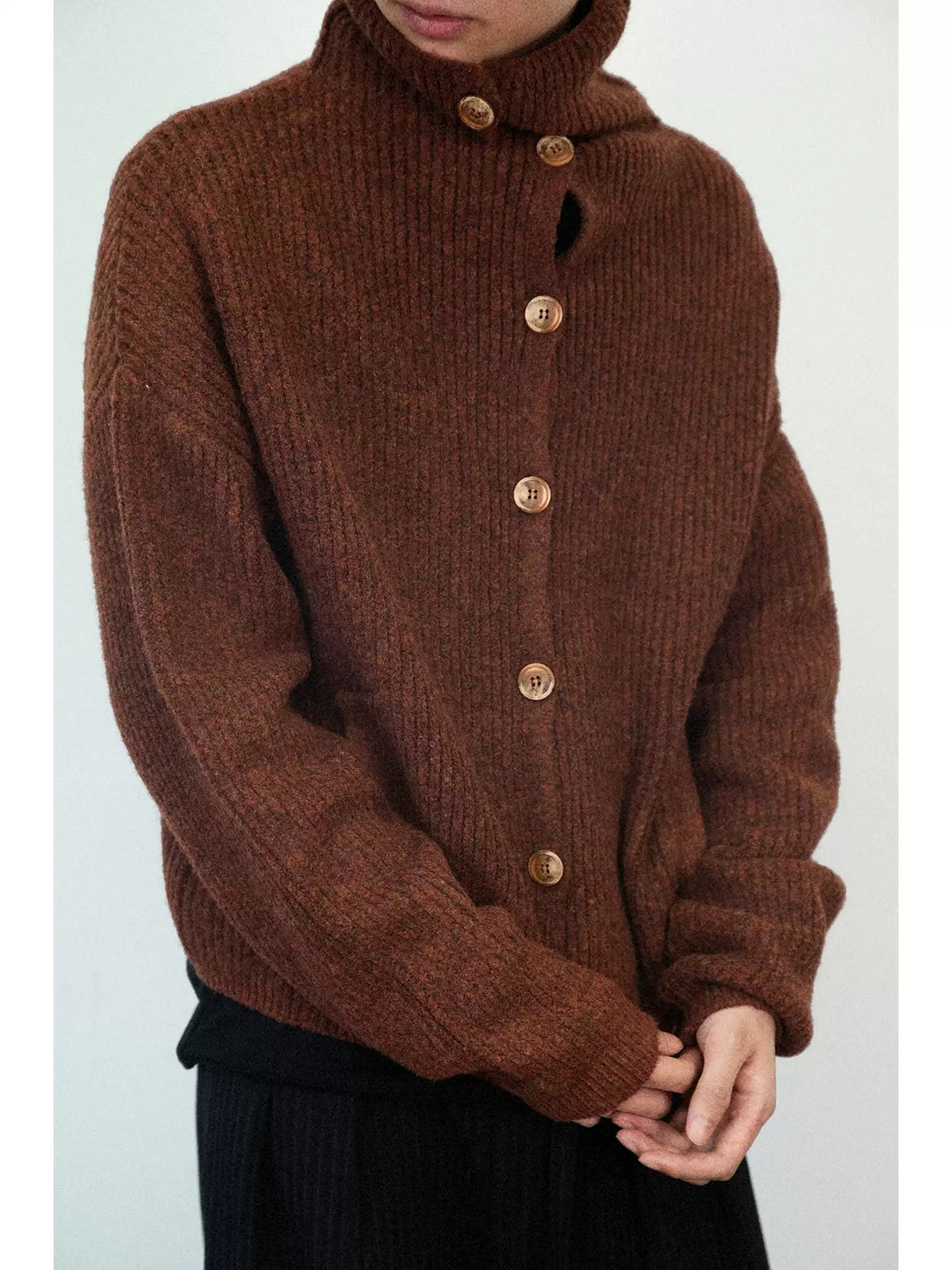 High Neck Button Front Wool Blend Cardigan