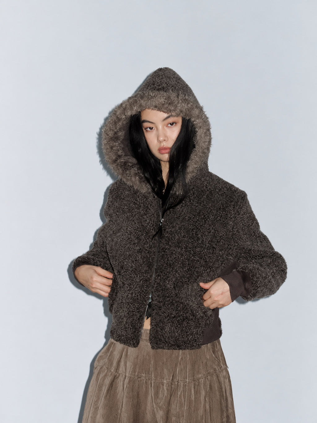 Faux Shearling Hooded Zip Jacket