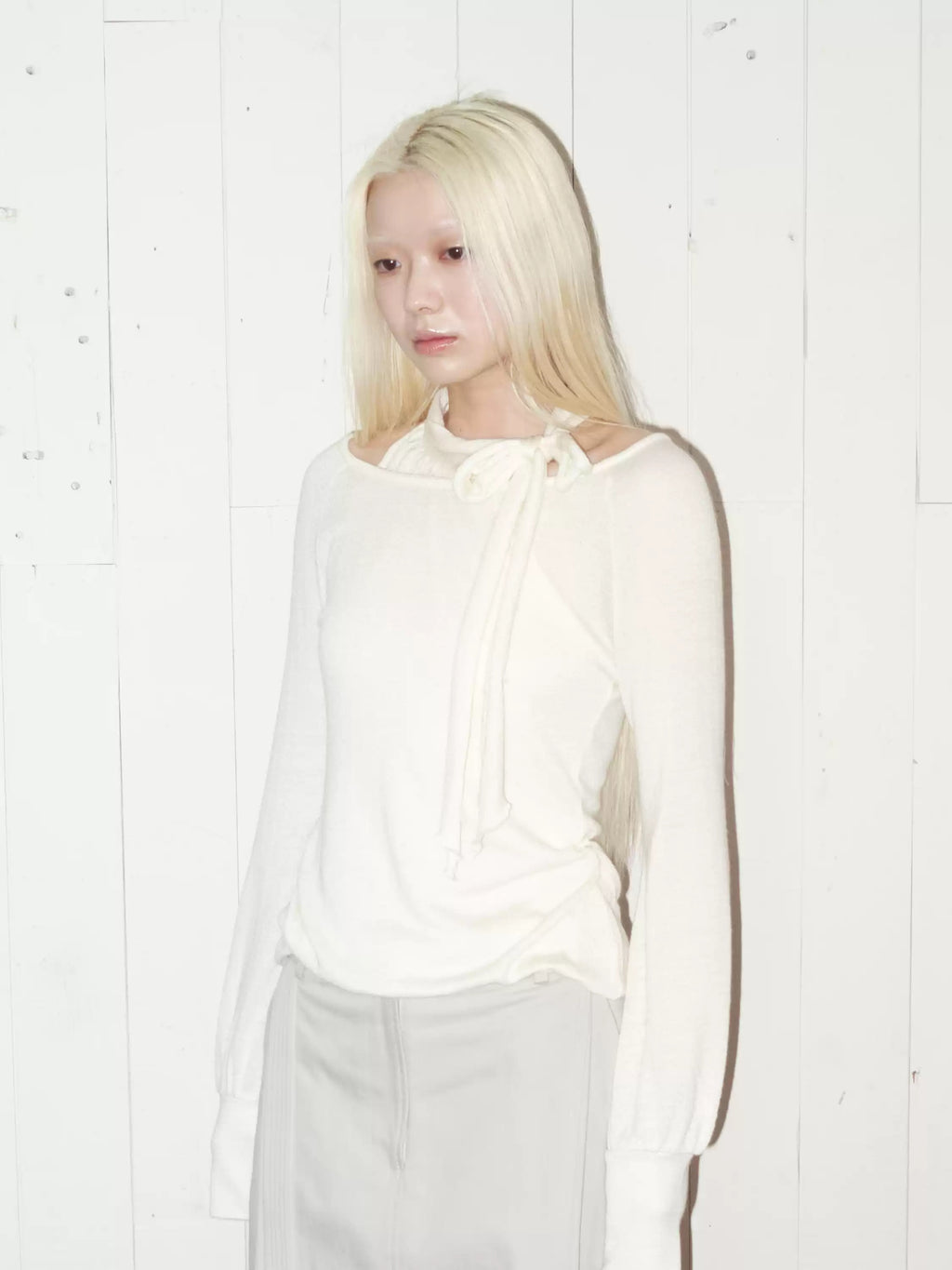 Silk Wool Blend Layered Look Tie Neck Knit Top