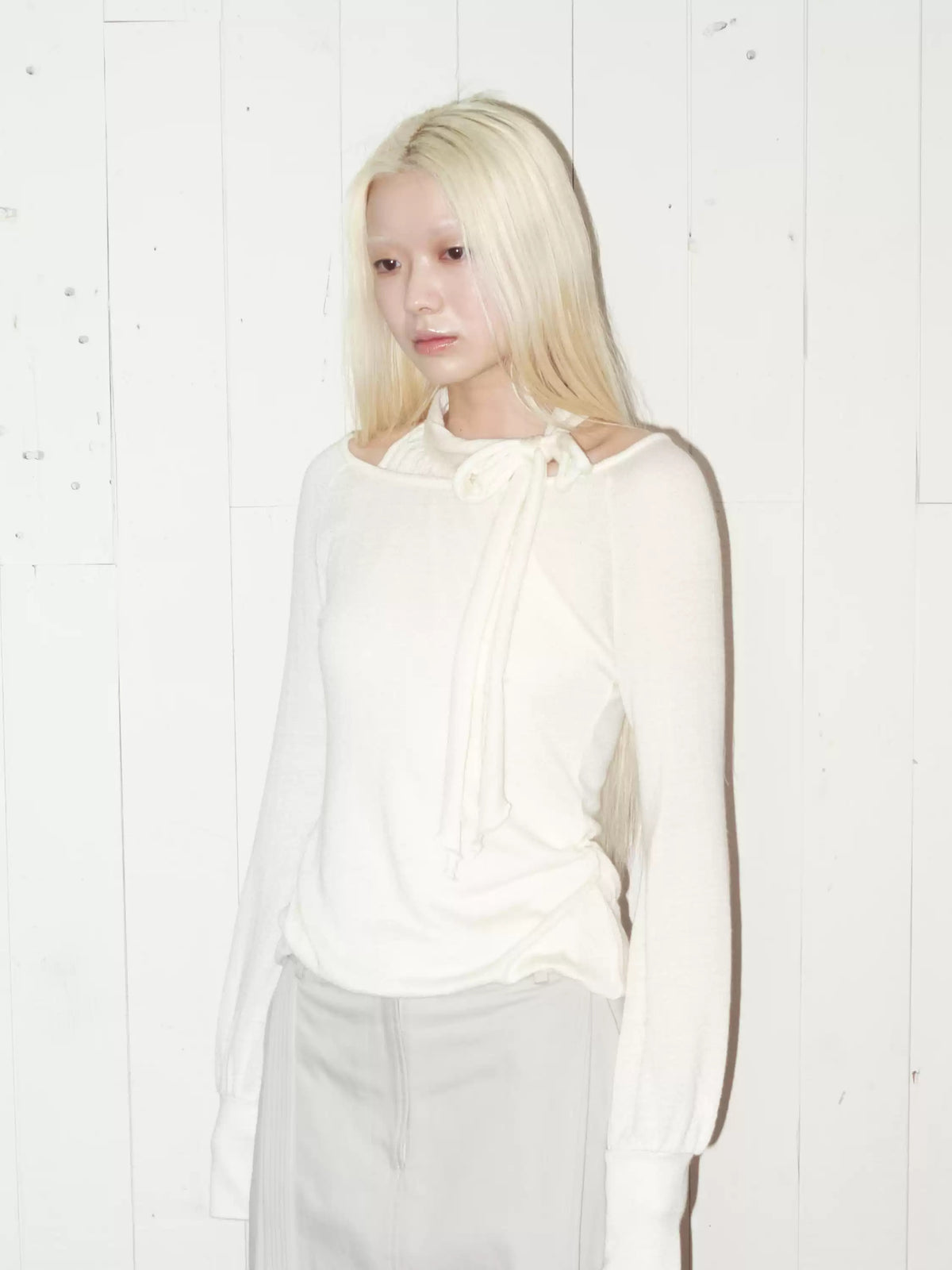 Silk Wool Blend Layered Look Tie Neck Knit Top