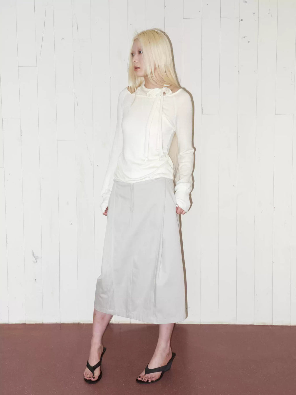 Silk Wool Blend Layered Look Tie Neck Knit Top