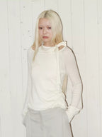 Silk Wool Blend Layered Look Tie Neck Knit Top