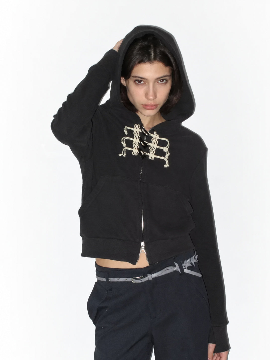 Rope Knot Cropped Zip Hoodie