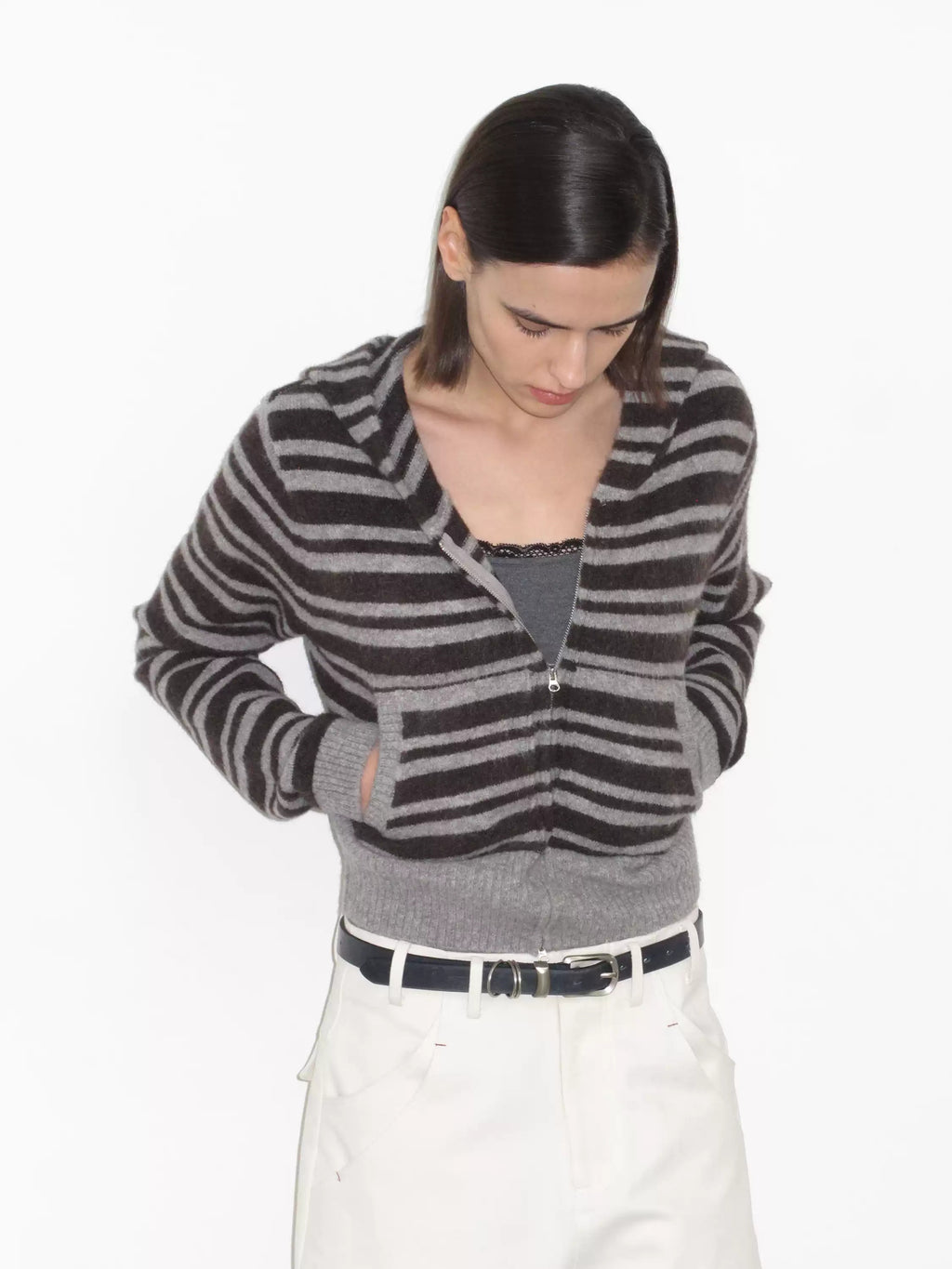 Striped Wool Blend Hooded Knit Top