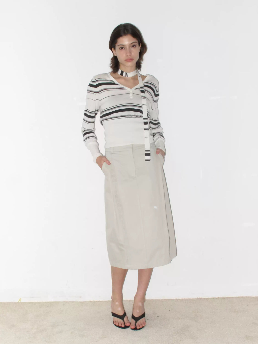 Striped Lyocell Wool Blend Fitted Knit Top