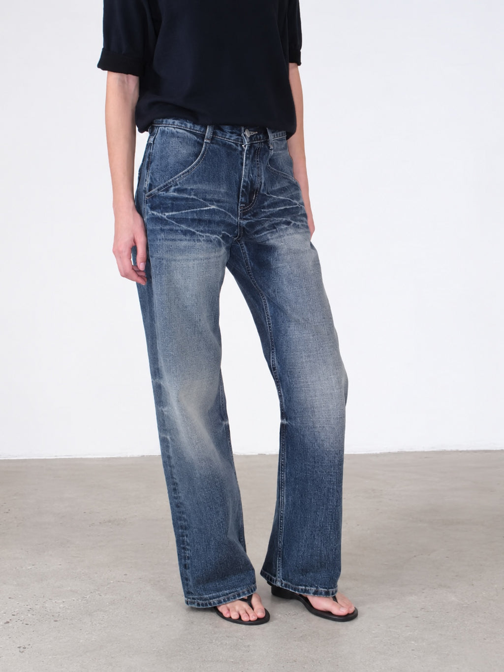 Whisker Washed Low Rise Fitted Jeans