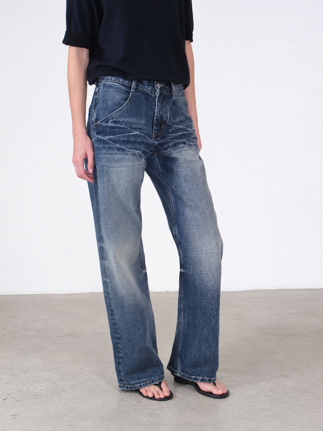 Whisker Washed Low Rise Fitted Jeans