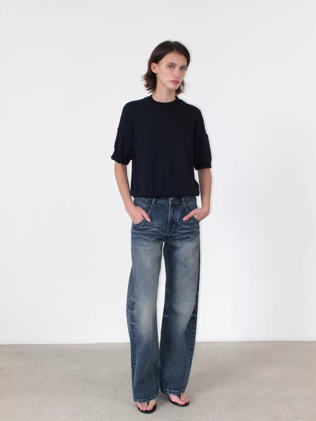 Whisker Washed Low Rise Fitted Jeans