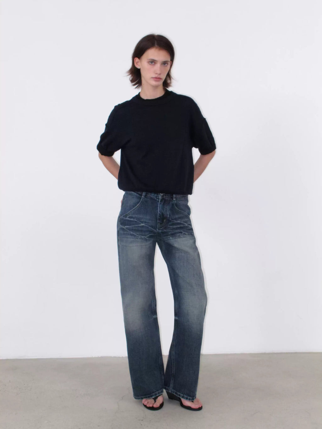 Whisker Washed Low Rise Fitted Jeans