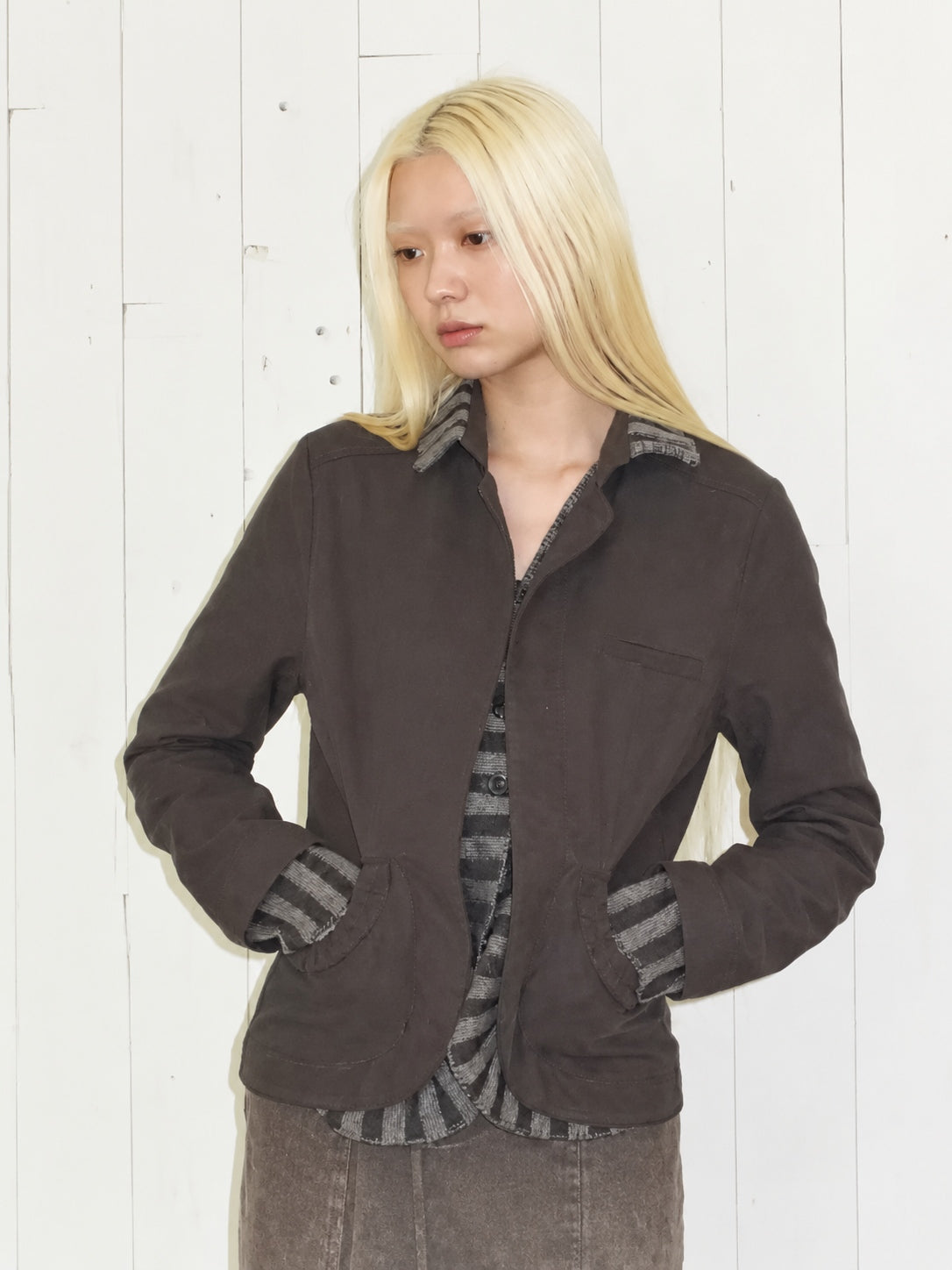 Cotton Linen Striped Panel Fitted Jacket