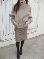 Asymmetric Button Belted Wool Blend Short Coat