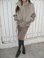 Asymmetric Button Belted Wool Blend Short Coat