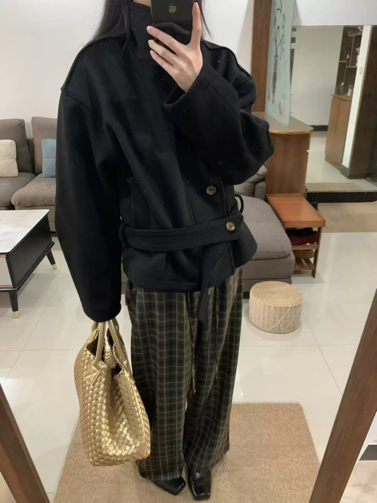 Asymmetric Button Belted Wool Blend Short Coat