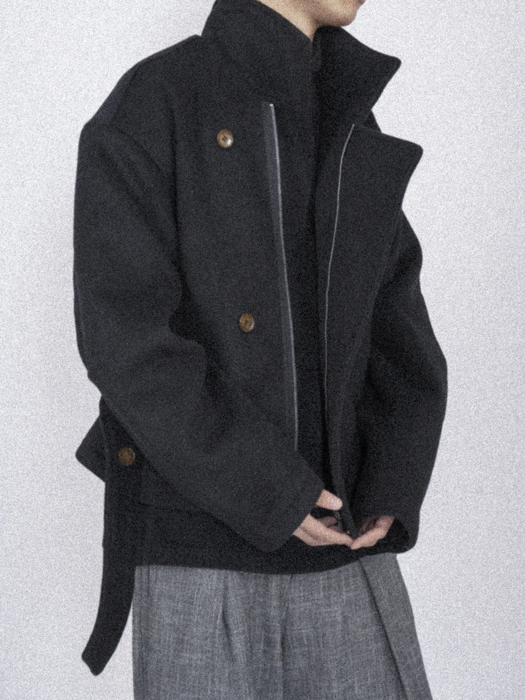 Asymmetric Button Belted Wool Blend Short Coat