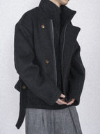 Asymmetric Button Belted Wool Blend Short Coat