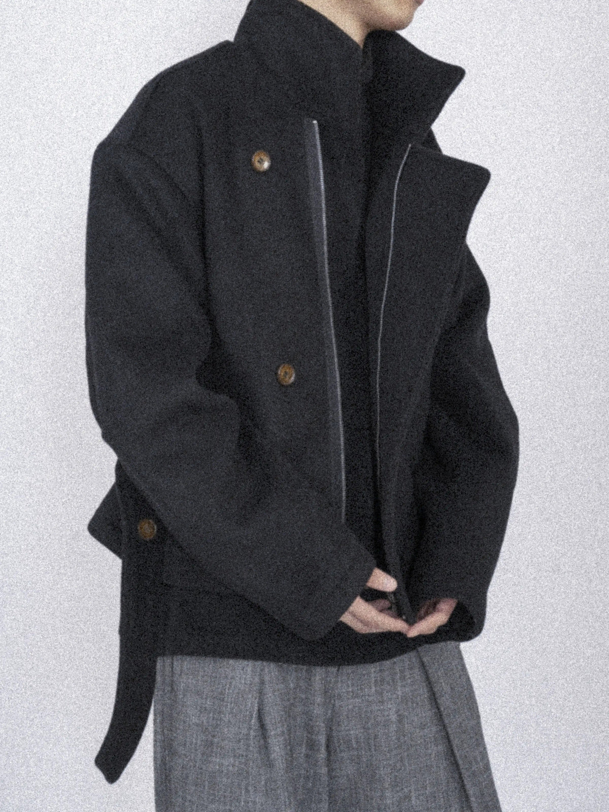 Asymmetric Button Belted Wool Blend Short Coat