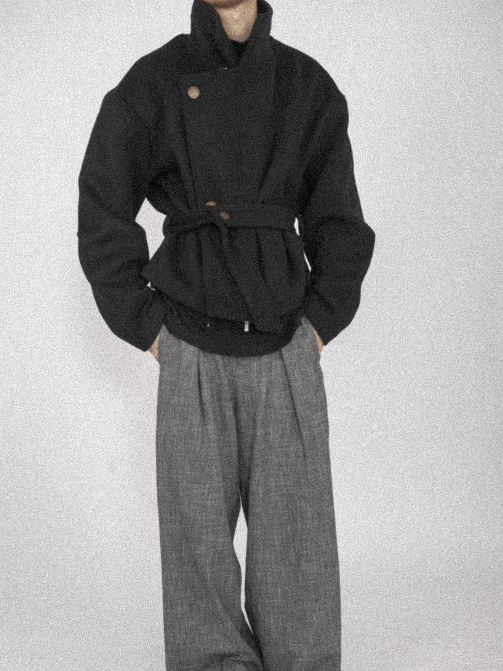 Asymmetric Button Belted Wool Blend Short Coat