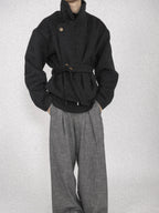 Asymmetric Button Belted Wool Blend Short Coat