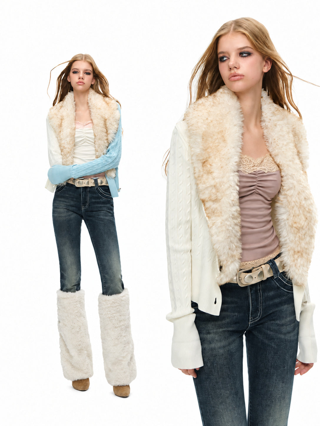 Cable Knit Cardigan with Detachable Fur Collar