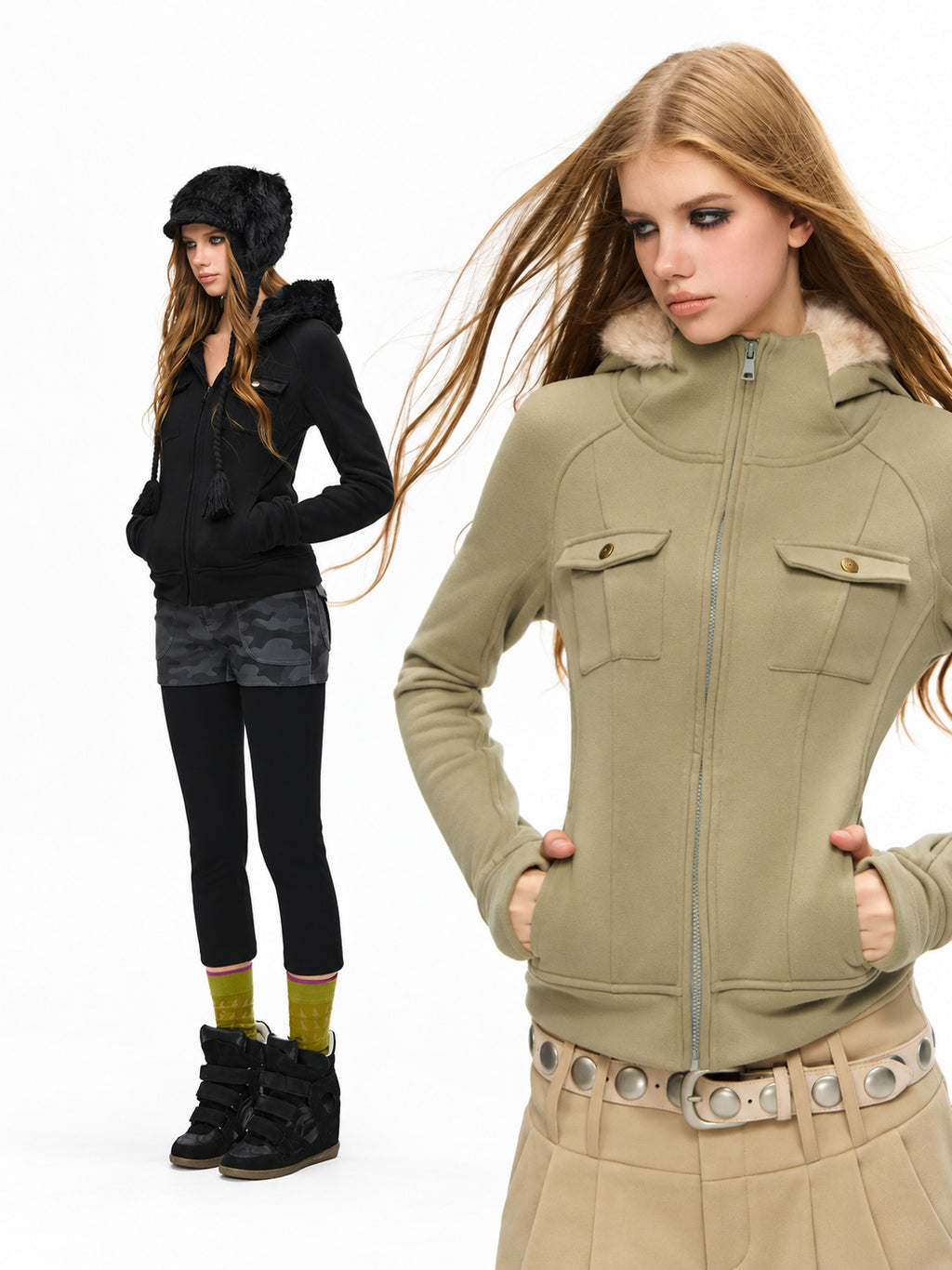 Fitted Cargo Pocket Hoodie with Fur