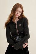 Wool Blend Check Crew Neck Cardigan