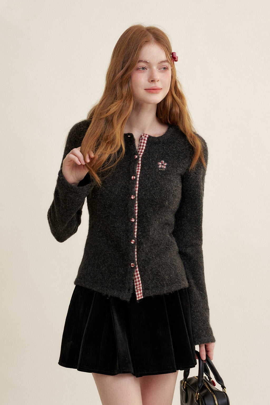 Wool Blend Check Crew Neck Cardigan