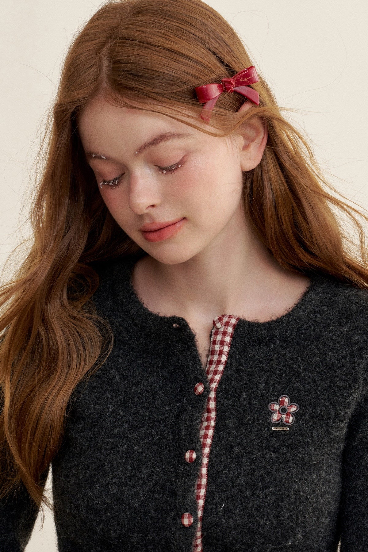 Wool Blend Check Crew Neck Cardigan