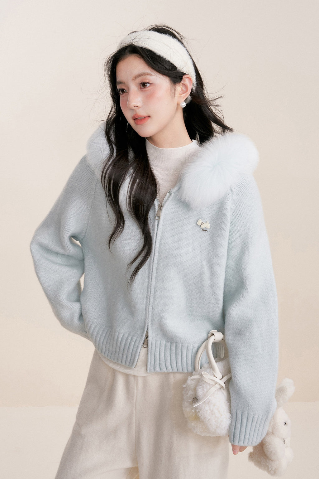 Fur Trimmed Hooded Double-Zip Knit Cardigan