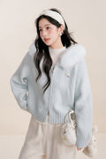 Fur Trimmed Hooded Double-Zip Knit Cardigan