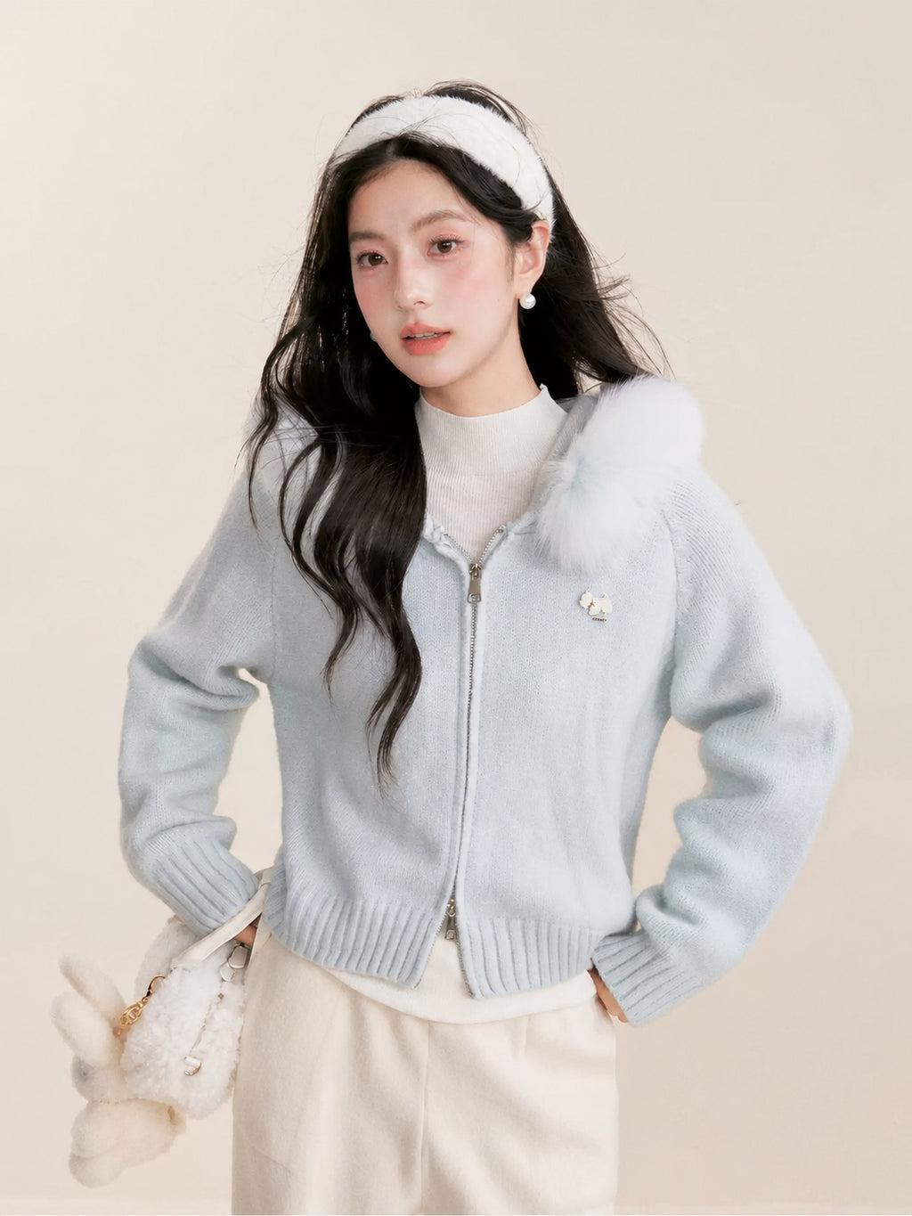 Fur Trimmed Hooded Double-Zip Knit Cardigan