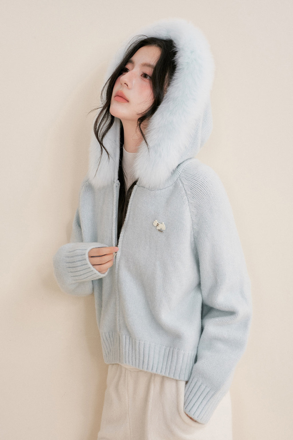 Fur Trimmed Hooded Double-Zip Knit Cardigan