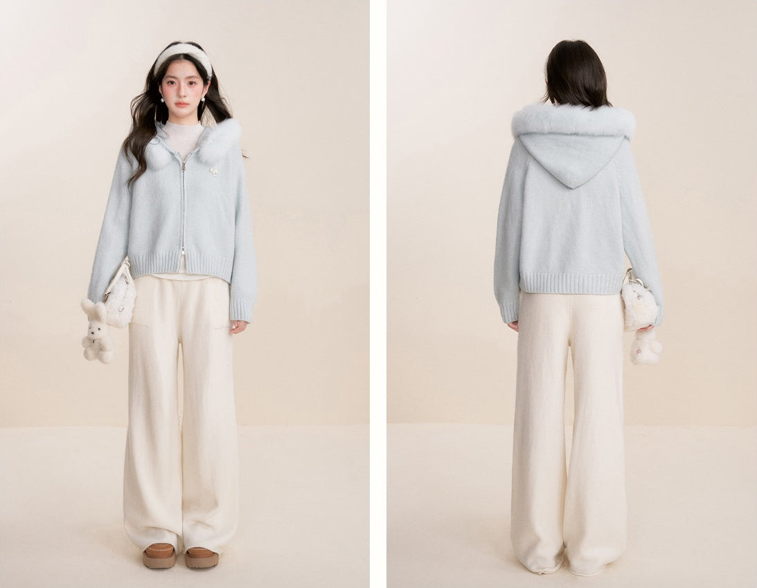 Fur Trimmed Hooded Double-Zip Knit Cardigan