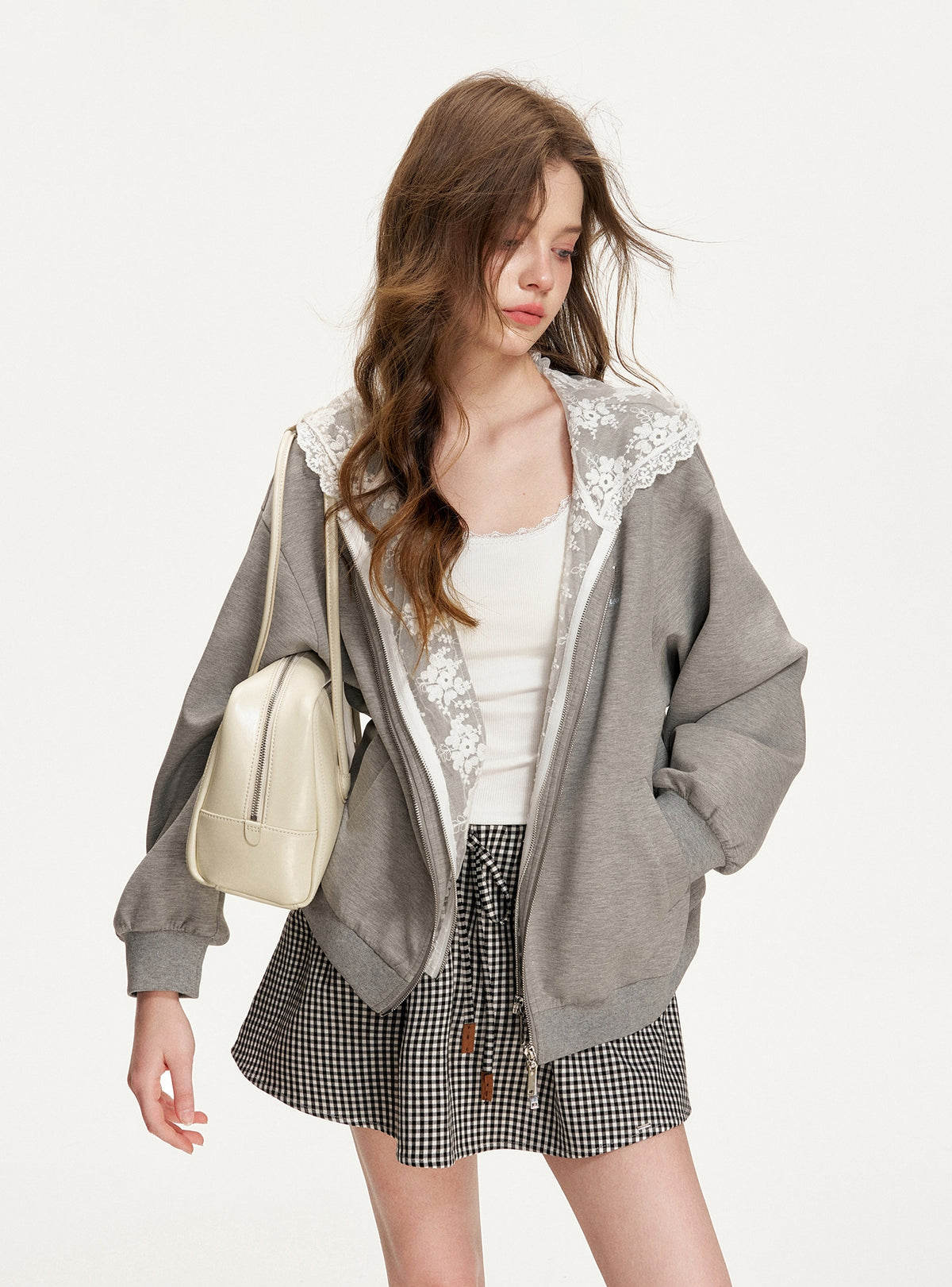 Lace Trimmed Layered Zip-Up Hoodie