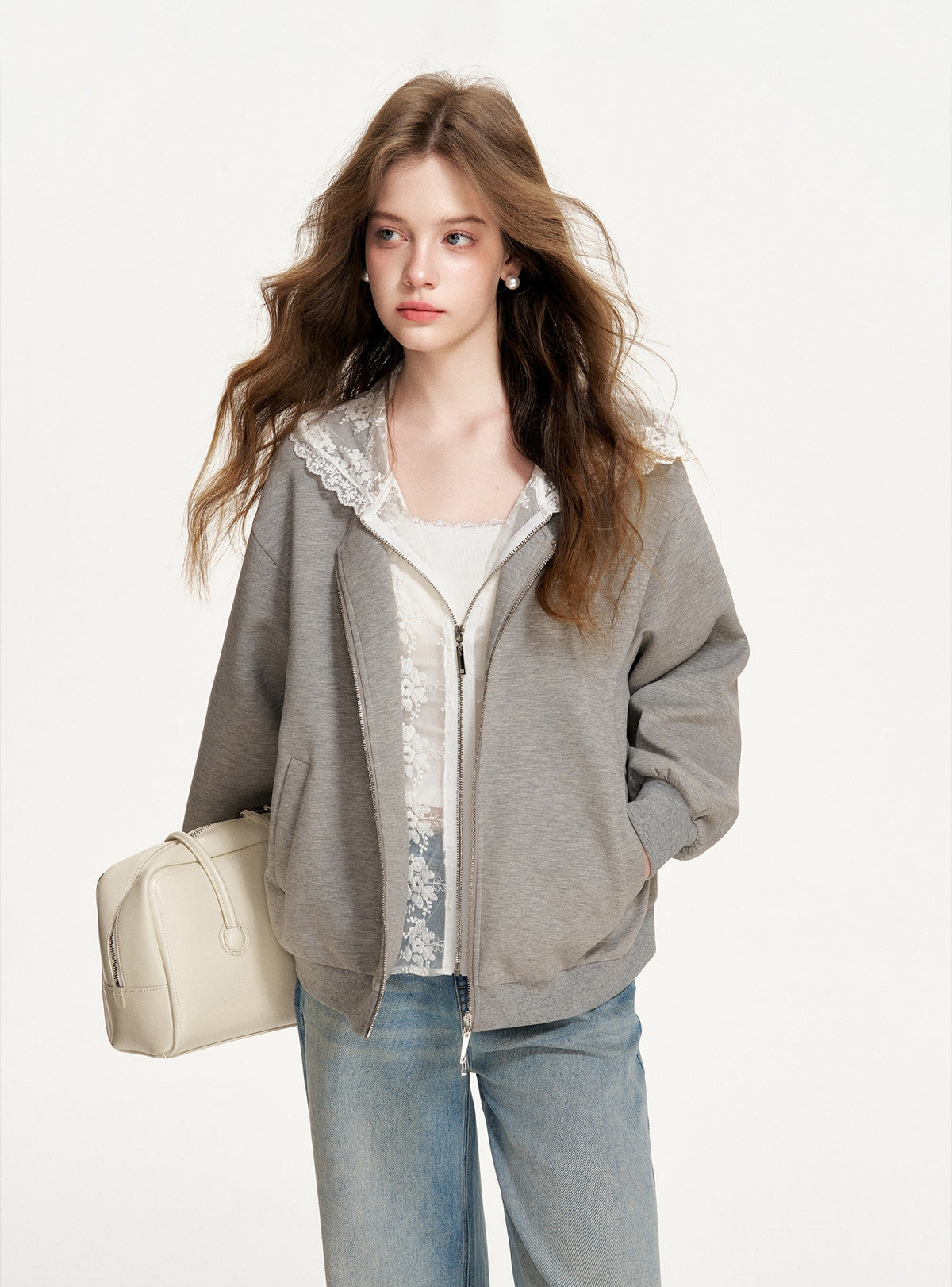 Lace Trimmed Layered Zip-Up Hoodie