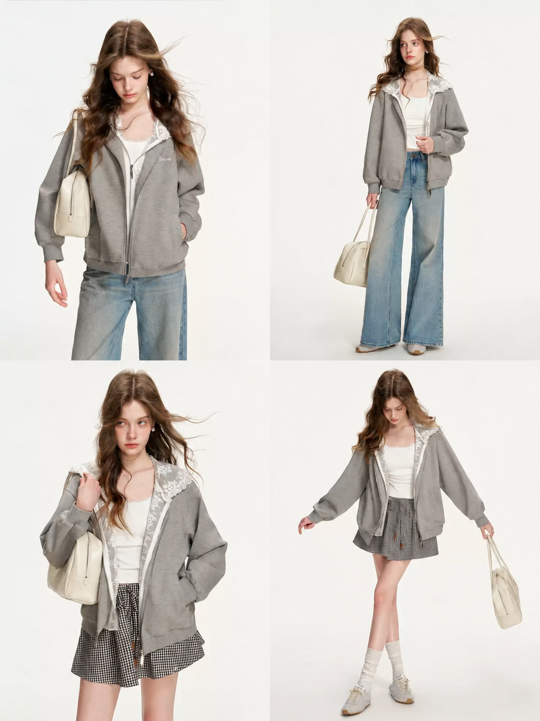 Lace Trimmed Layered Zip-Up Hoodie