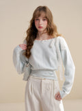 Lace Ribbon Asymmetric Neck Knit Top