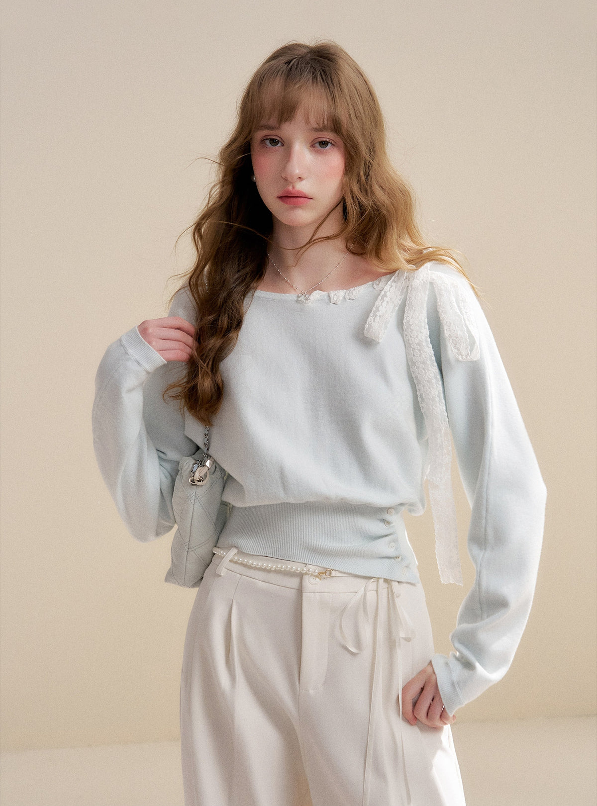 Lace Ribbon Asymmetric Neck Knit Top